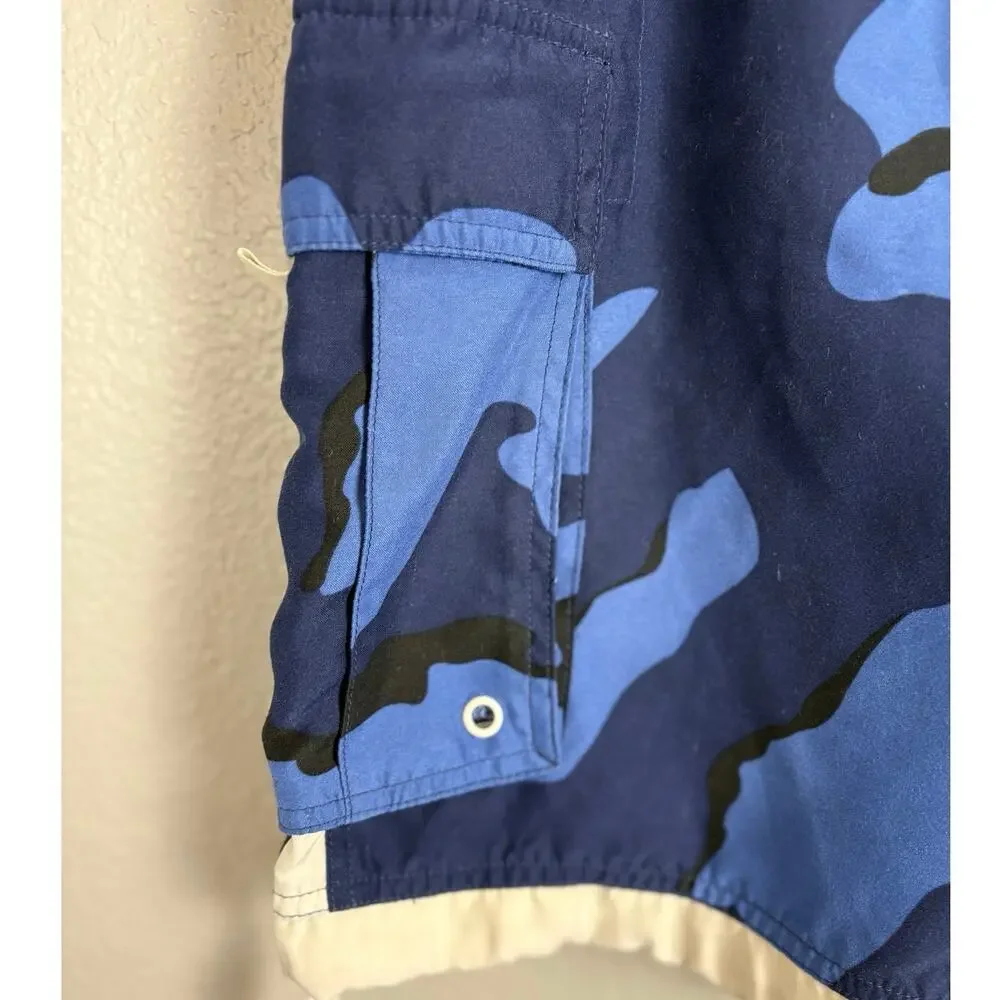 Vintage Midcoast Men's Size Small Drawstring Blue White Camo Swim Shorts Trunks